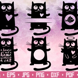 May include: Set of six black cat illustrations with different expressions and accessories. The cats are all cartoonish and have large eyes. Some cats have hearts, fish, or halos. The text "a house is not a home without a cat" is included in one of the illustrations.