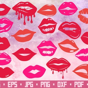 May include: A set of 20 red, pink, and orange lips in various styles, including open, closed, and dripping. The lips are outlined in black and are set against a watercolor background.