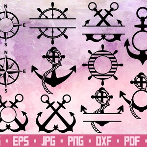 Puede incluir: Un conjunto de 10 archivos de corte SVG en blanco y negro con temas náuticos, que incluyen anclas, brújulas y ruedas de barcos. Los archivos son perfectos para crear manualidades personalizadas, decoración del hogar y mucho más.