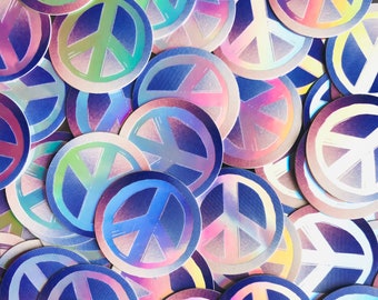 Small, medium and large peace symbol holographic and clear stickers