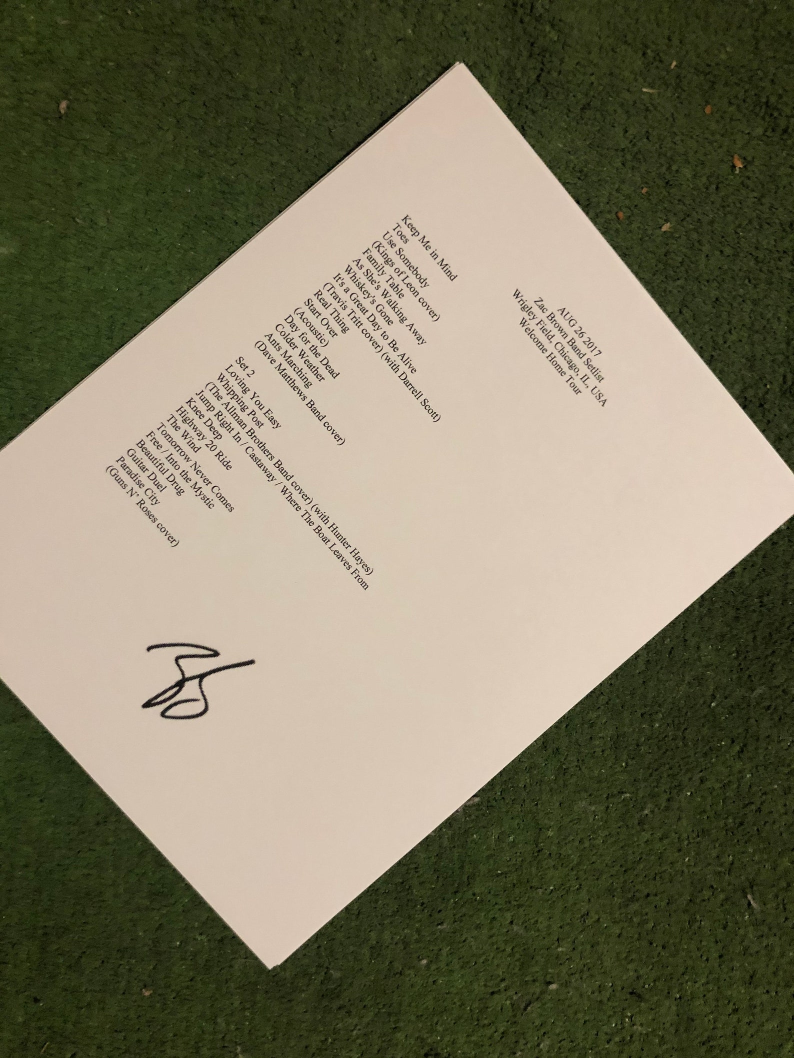 Zac Brown Autographed 2017 Wrigley Field Reprint Setlist Etsy