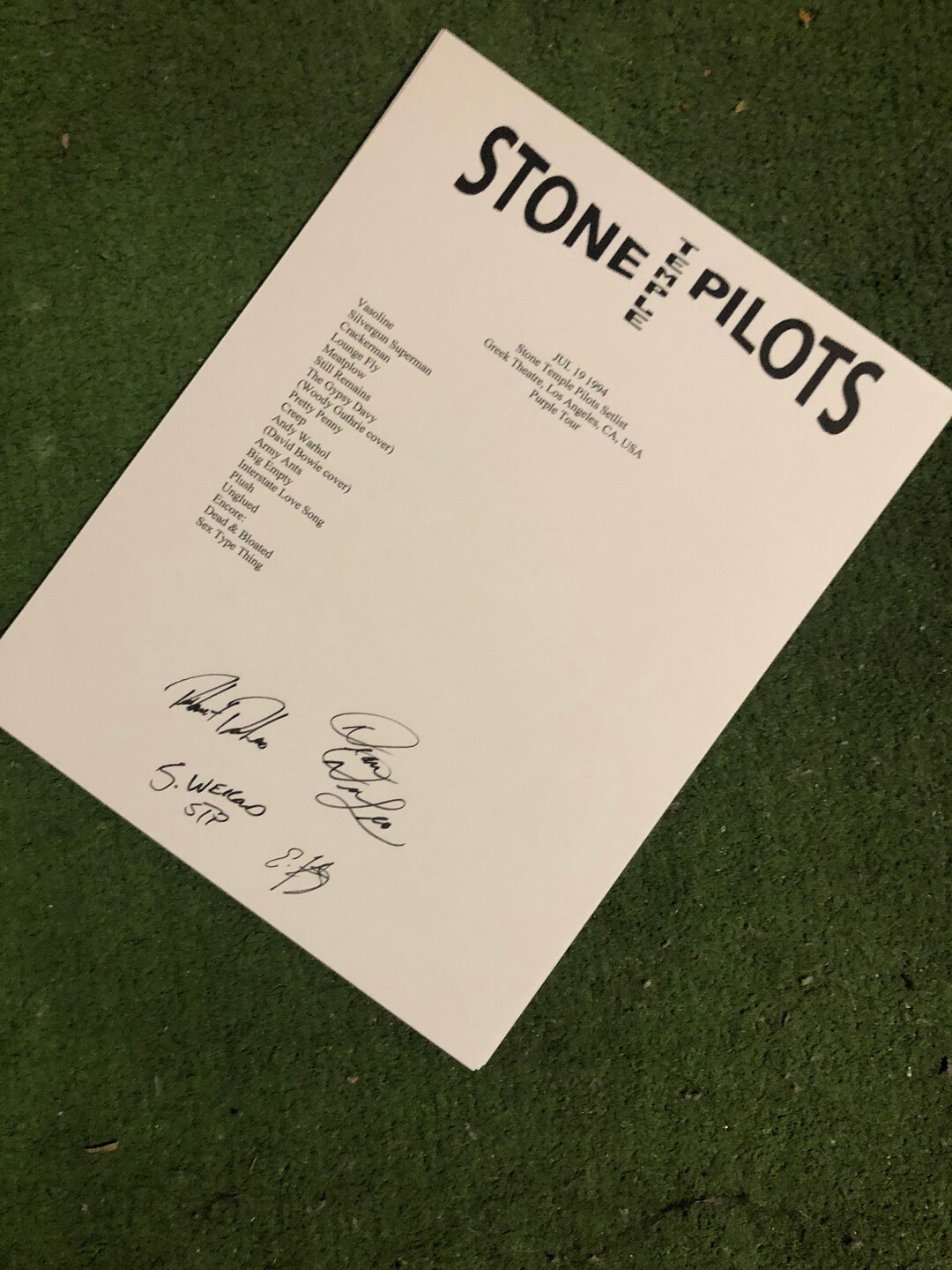 Stone Temple Pilots Signed Setlist With Reprint Scott Weiland Signature