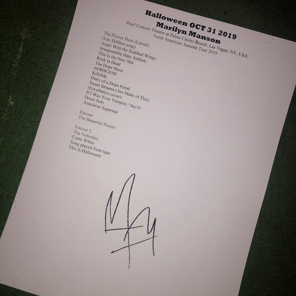 Marilyn Manson setlist signed reproduction 2019 Halloween Vegas show