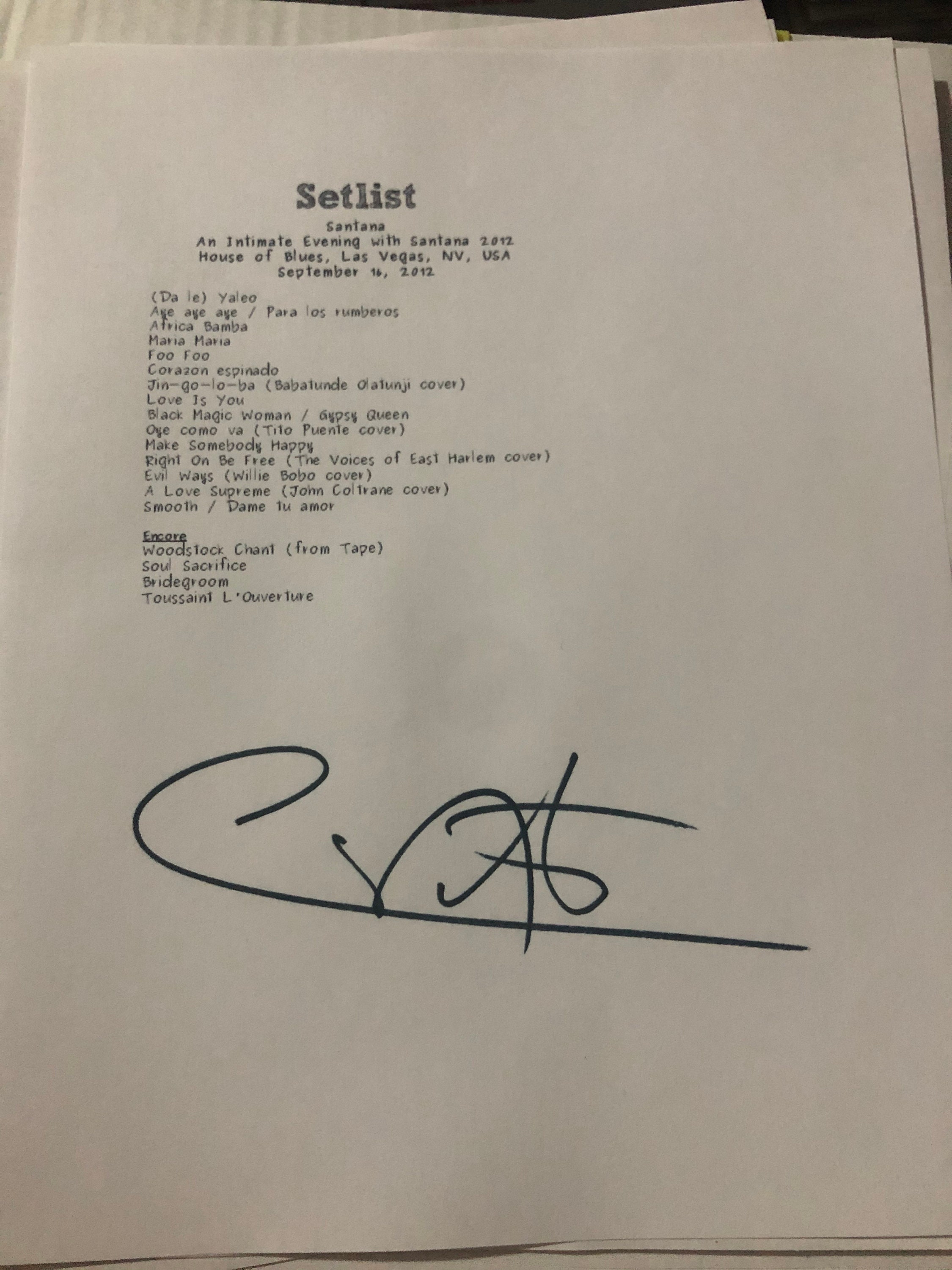 Santana Setlist Reprint Autograph 2012 House of Blues Etsy