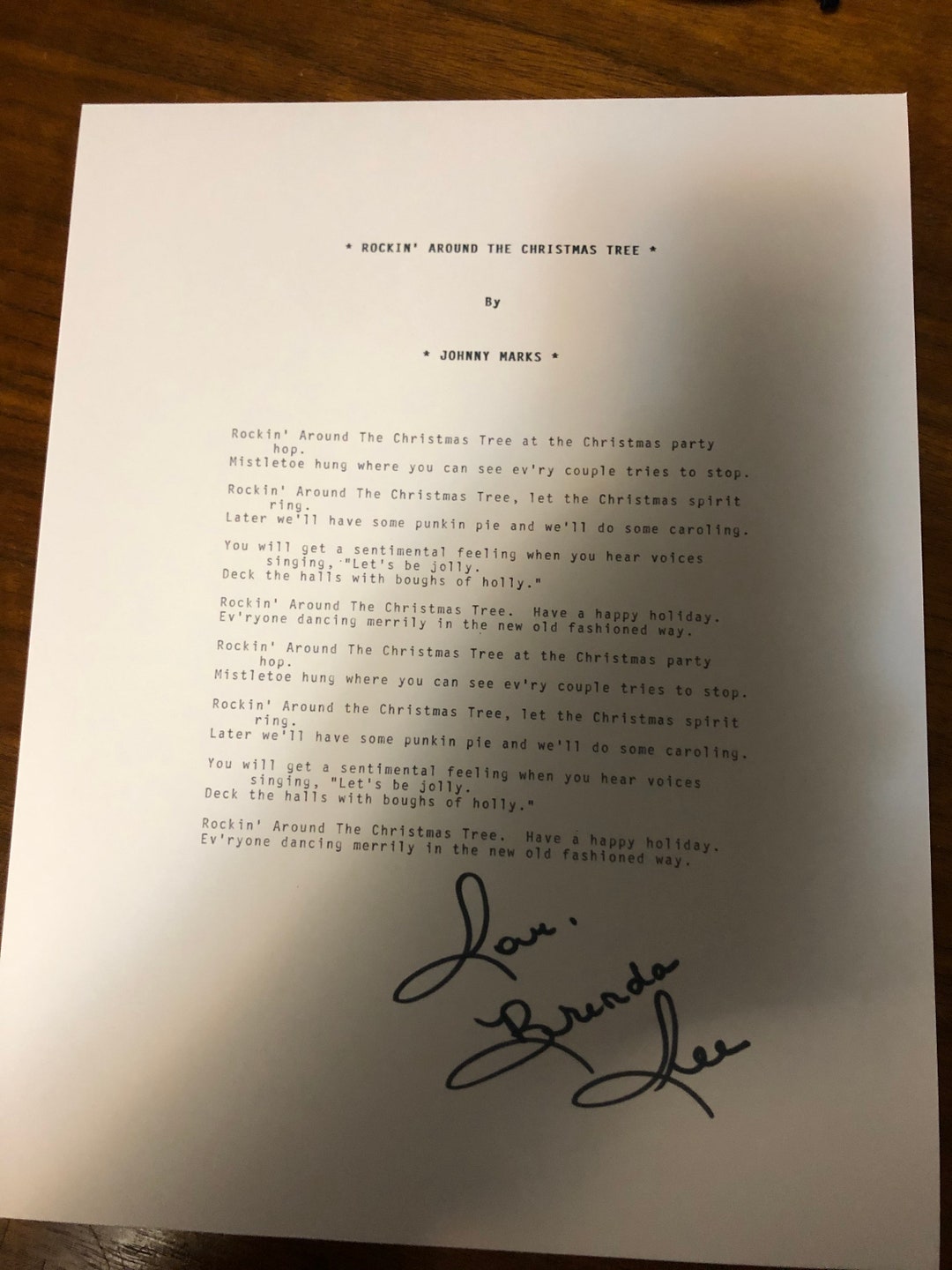 Rockin Around the Christmas Tree Lyrics Reprint Signed Brenda Etsy
