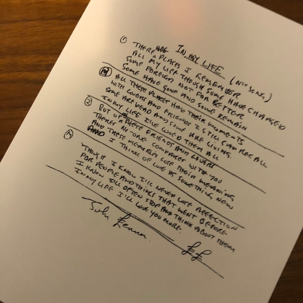 John Lennon IN MY LIFE reprint signed lyrics