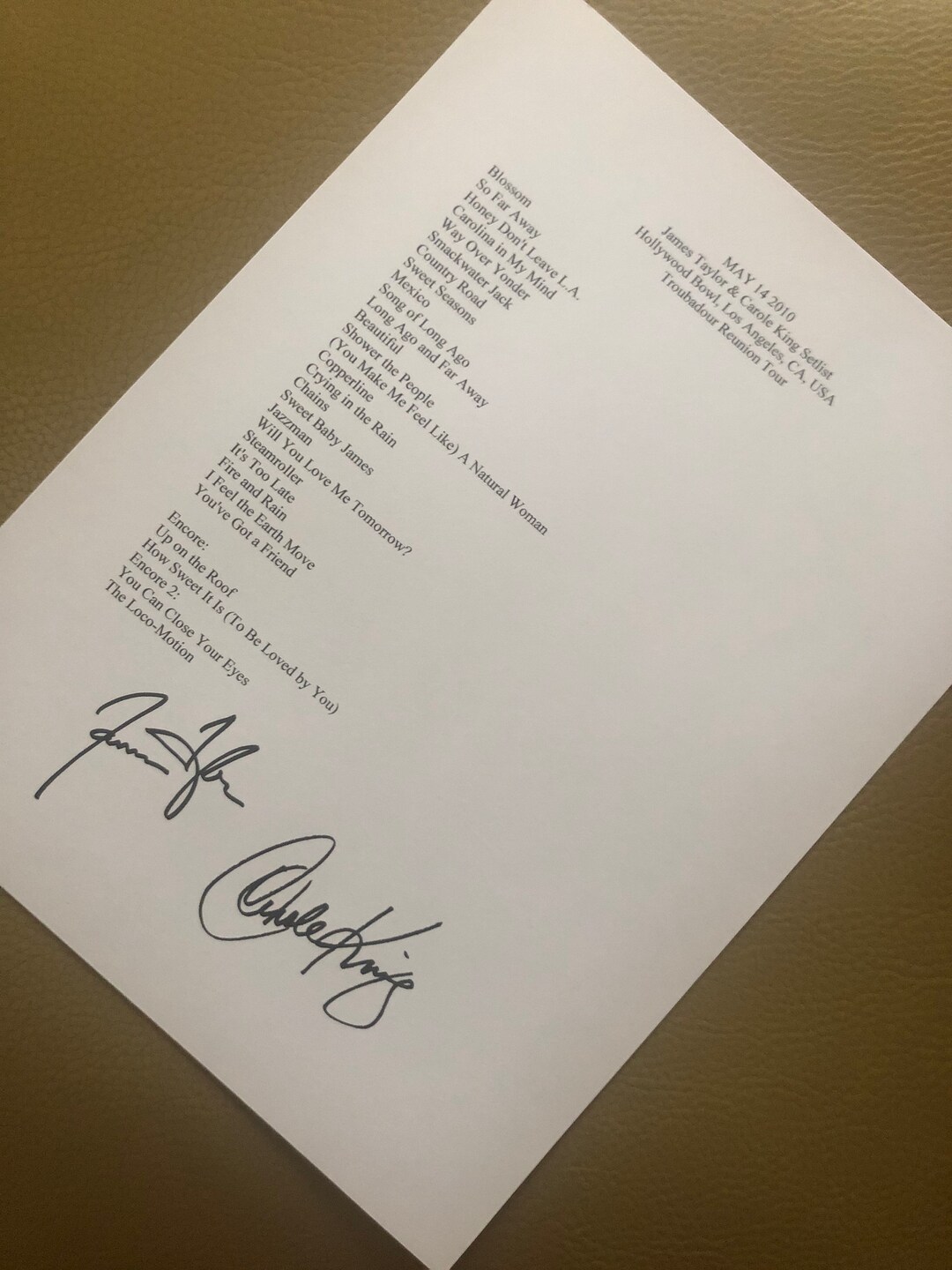 James Taylor & Carole King Signed Setlist Reprint Troubadour Reunion