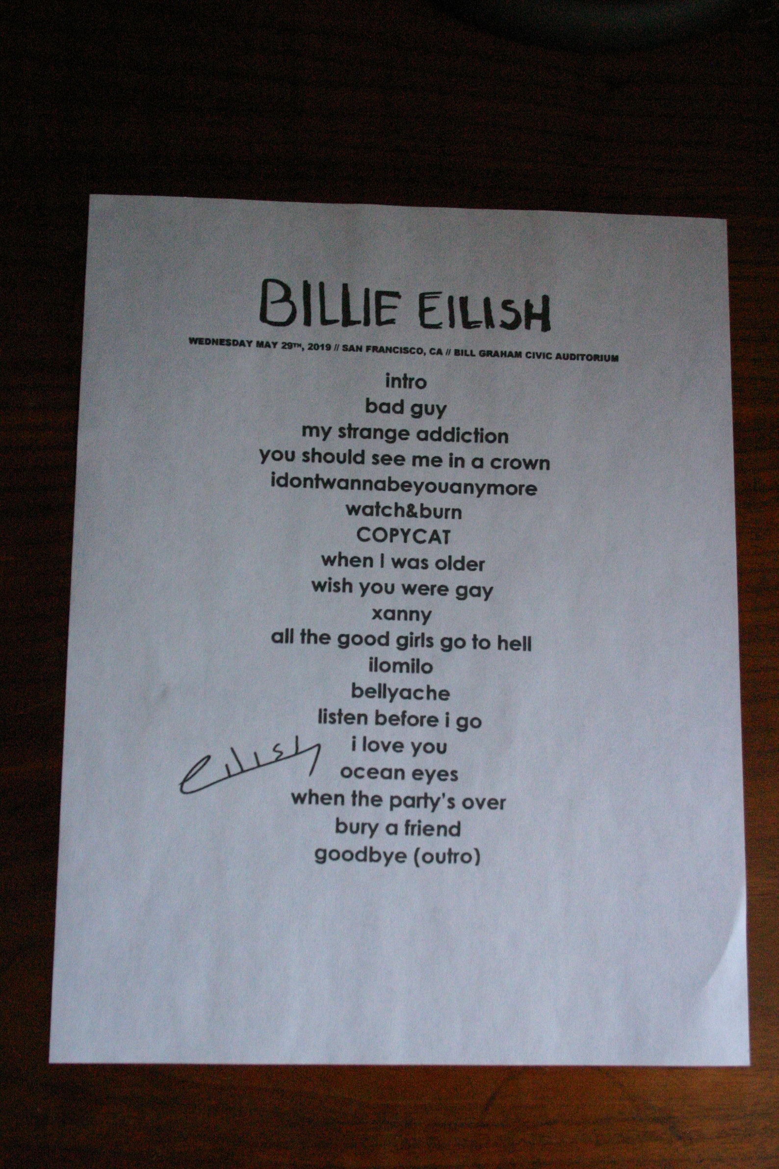 Billie Eilish Setlist with autograph Reprint May 29 2019 Etsy