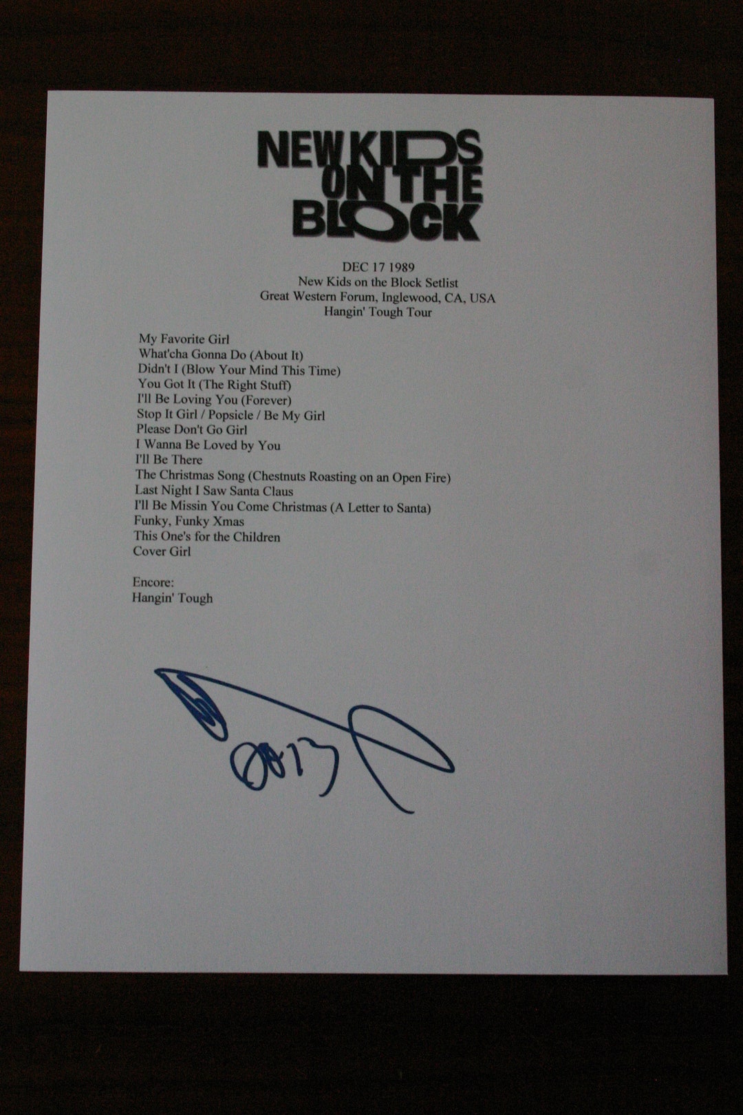 New Kids on the Block Signed Reprint Setlist With Donnie Wahlberg