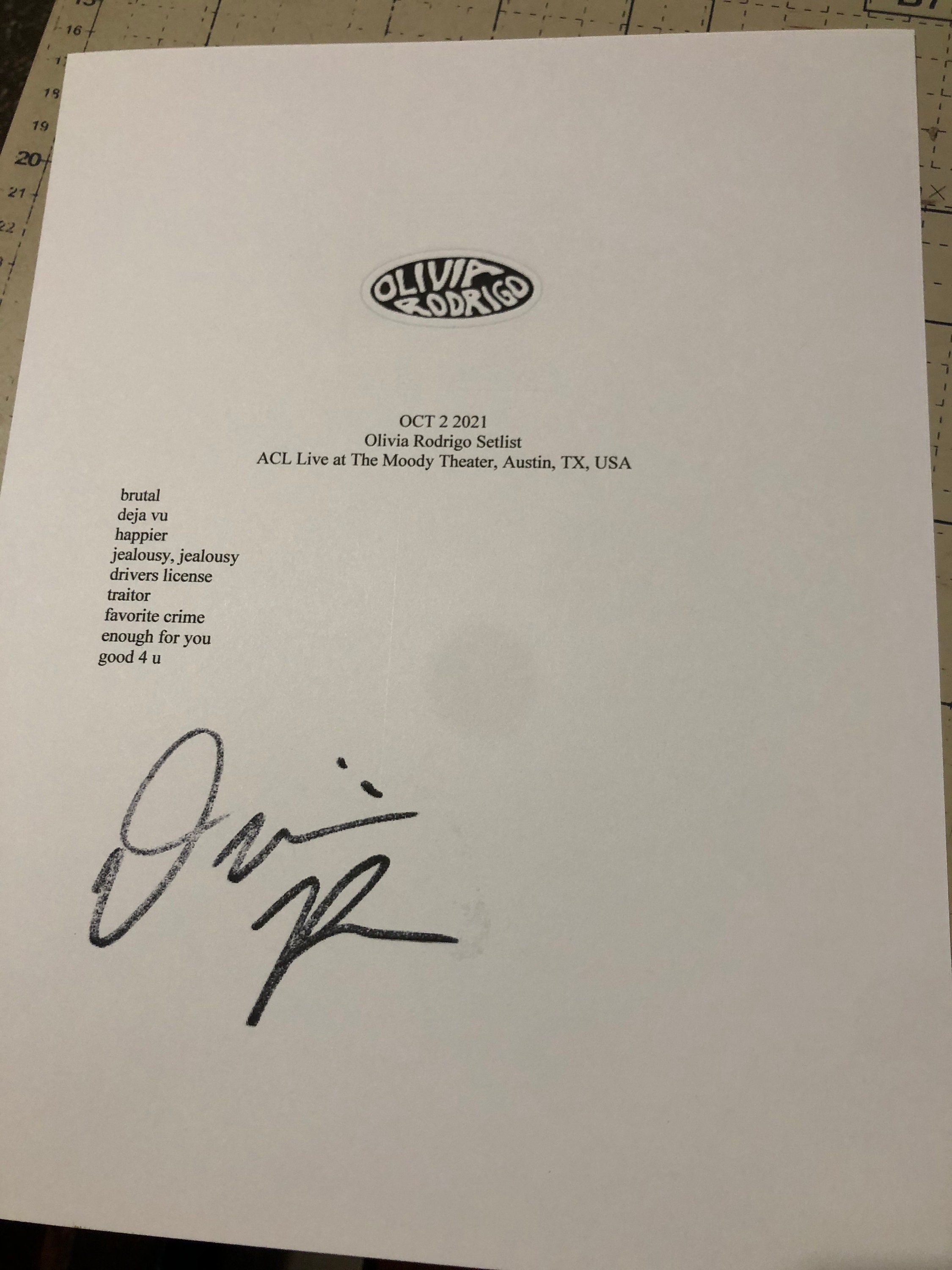 Olivia Rodrigo Setlist Oct 2 2021 Autographed Reprint Setlist Etsy