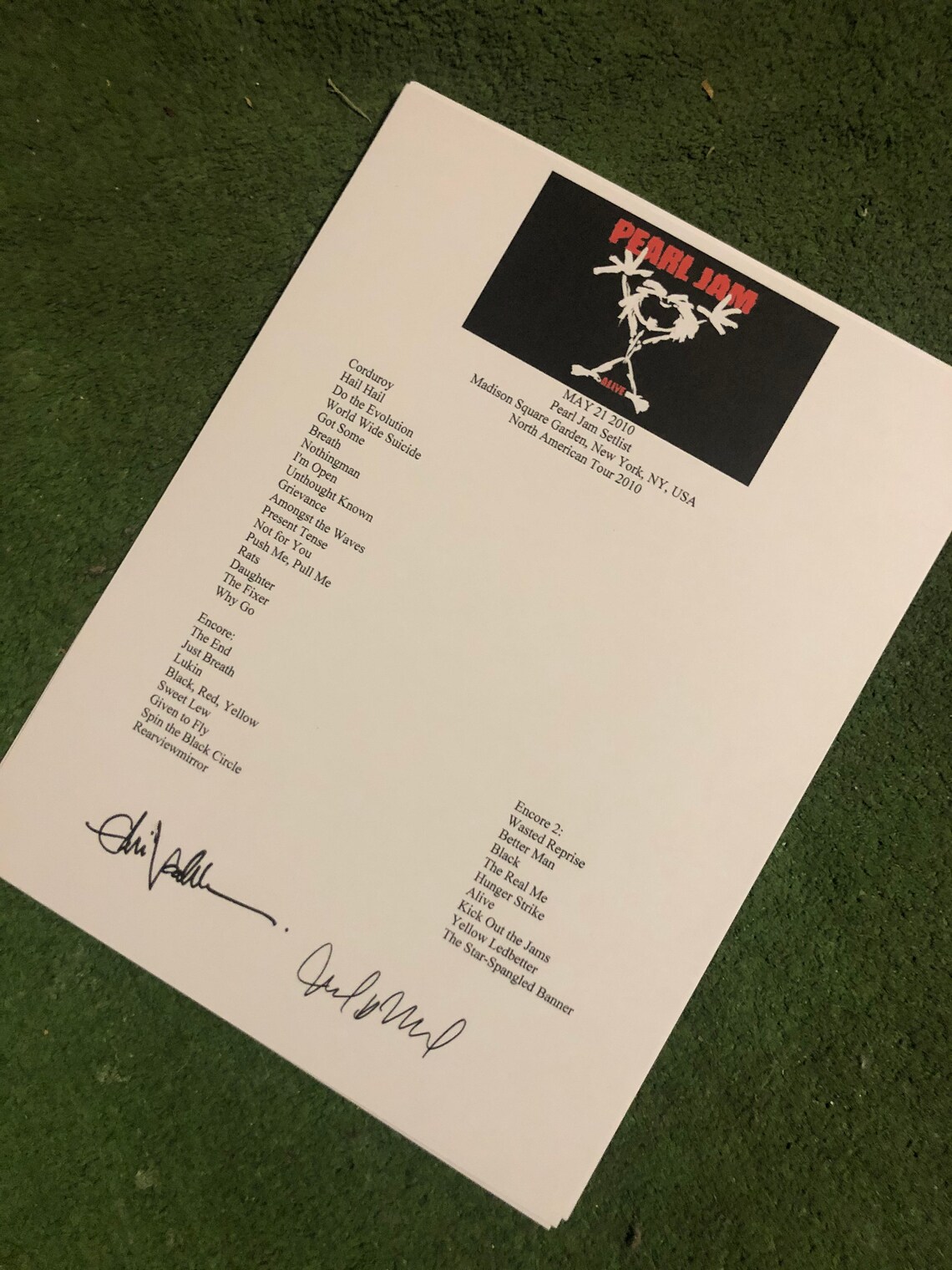 Pearl Jam Setlist Signed Eddie Vedder 2010 Madison Square Garden