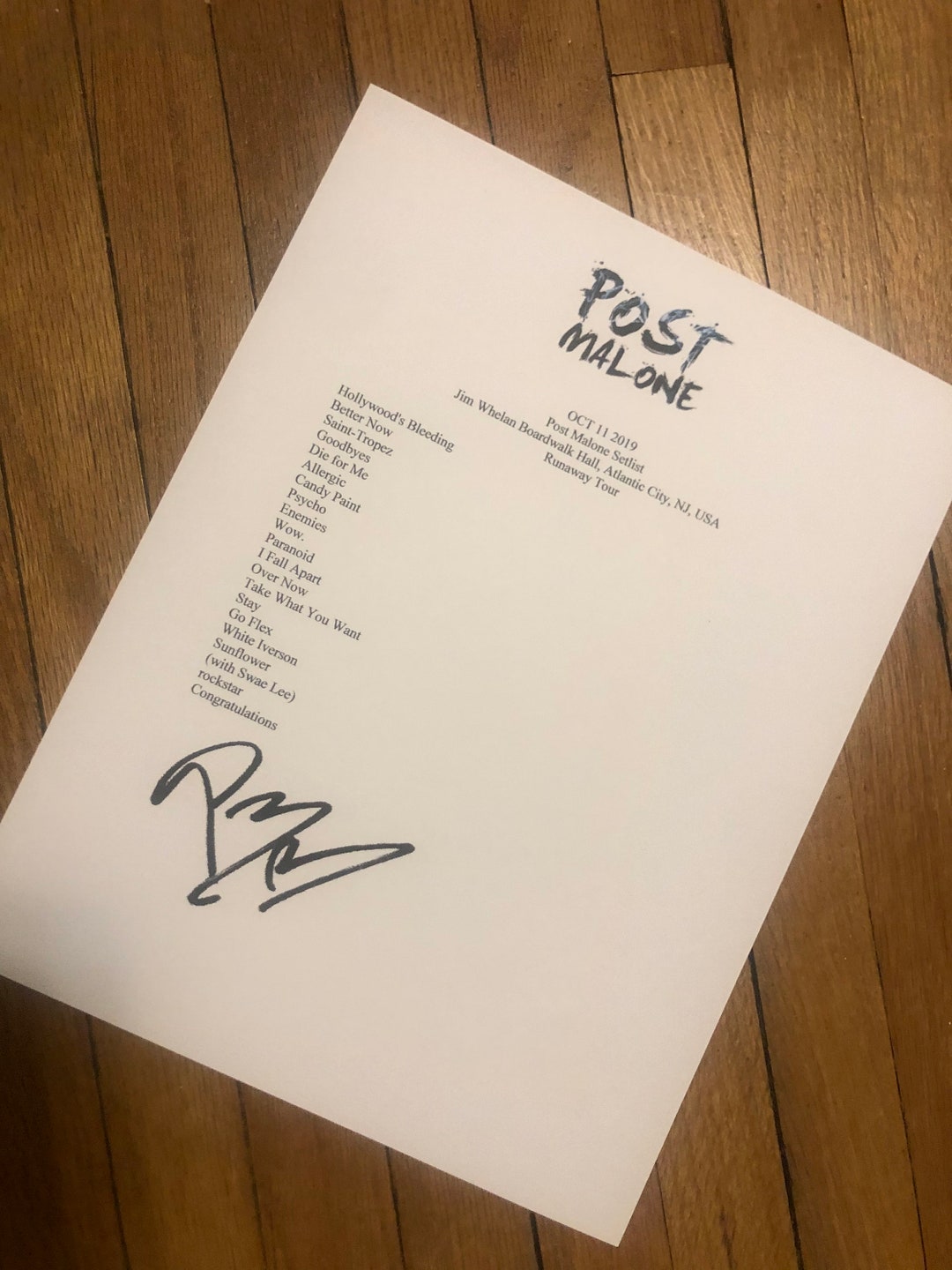 Post Malone Signed Setlist Reproduction Oct 11 2019 Runaway Tour Etsy