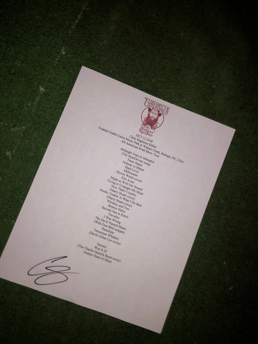Chris Stapleton Signed Setlist 2018 Autographed Reprint Setlist Etsy