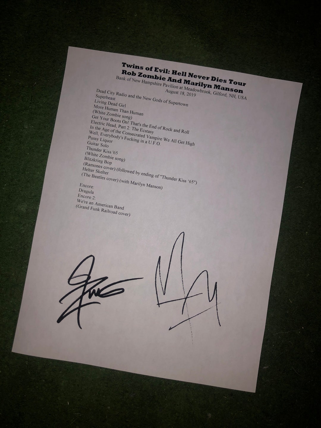 Marilyn Manson / Rob Zombie Signed Setlist Twins of Evil Reprint 2019