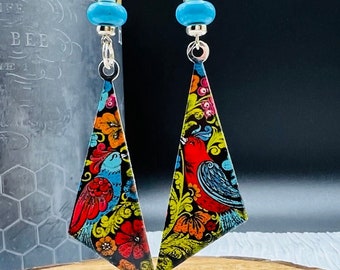 Birdie Blues Triangle Dangle Earrings with Turquoise Colored Bead