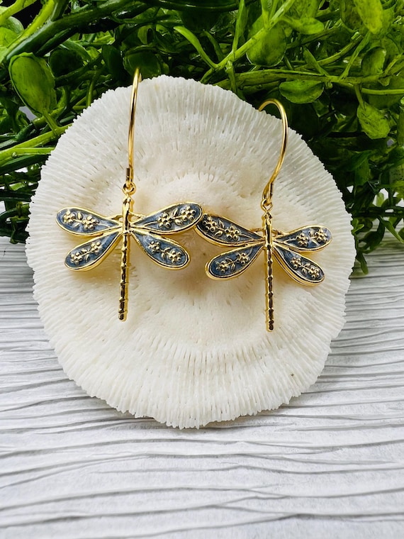 Dragonfly 18kt plated dangle earrings with cornflower blue accents