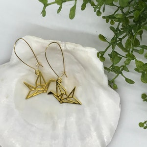 Origami Crane Earrings in Gold Tone