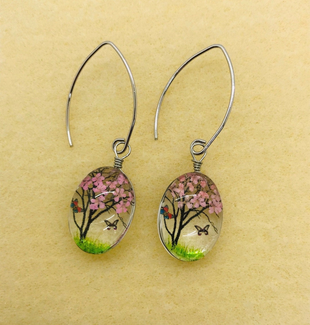 Cherry Blossom Earrings With Butterflies Resin Etsy