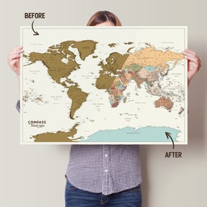 Grande carte du monde à gratter - Carte de voyage détaillée de luxe avec feuille d'or - États décrits - Meilleur cadeau de voyage pour lui | COMPAS CARTE