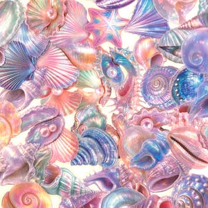 May include: A collection of iridescent seashells in shades of pink, blue, and purple. Many shells feature a glossy finish and contain smooth, round white pearls nestled within their open structures, creating a shimmering, multi-textured display.