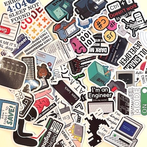 May include: A collection of assorted vinyl stickers featuring programming and computer science themes. The stickers display various graphics including retro computers, code snippets, circuit boards, and humorous text such as Error 4:04, Ctrl+Z, and I'm an Engineer.