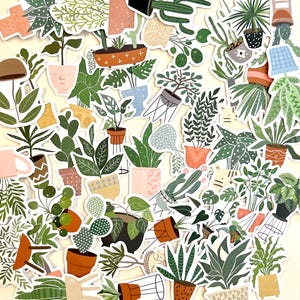 May include: A collection of colorful plant stickers featuring various types of greenery in pots. The stickers are perfect for adding a touch of nature to journals, planners, laptops, and other surfaces.