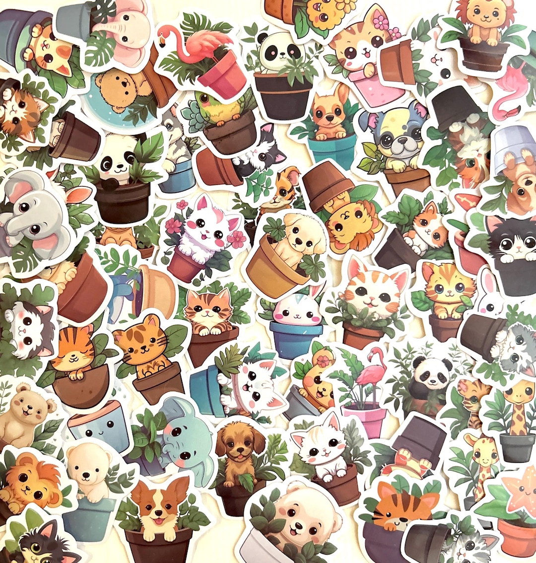 Pot Animated Sticker Animal in Pots Stickers | Cute Cartoon Decals - Etsy