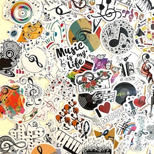 May include: A collection of colorful music-themed stickers featuring musical notes, treble clefs, and the words "Music is my Life".