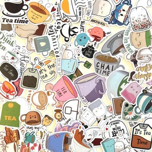 May include: A collection of colorful tea-themed stickers featuring various illustrations of teacups, tea bags, and teapots. The stickers have phrases like "Tea Time", "Chai Time", and "Green Tea Please".