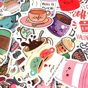 May include: A collection of colorful stickers featuring various coffee cups, mugs, and tumblers with cartoon faces and text such as Coffee Helps, Coffee is Magical, and Would you like to join me for a coffee? The designs include diverse colors and patterns.