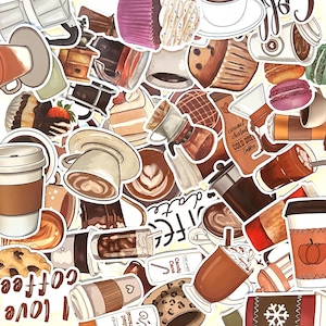 May include: A collection of stickers featuring various coffee drinks, pastries, and cafe-themed items. Visible items include lattes, a french press, a muffin, a cupcake, a macaron, a pumpkin-themed cup, and text reading I love coffee.