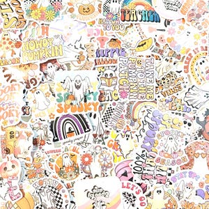 May include: A collection of assorted vinyl stickers featuring Halloween themes, including ghosts, pumpkins, rainbows, and flowers. The designs incorporate text such as Howdy Pumpkin, Spooky Season, and Take Me To The Pumpkin Patch in various retro fonts.