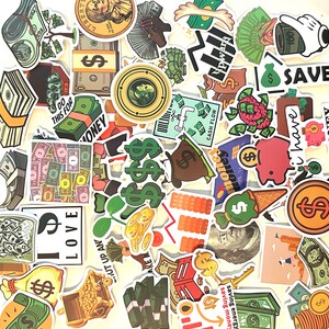May include: A collection of colorful stickers with money-themed designs. The stickers feature images of dollar bills, coins, money bags, and the dollar sign. Some stickers have text like "LOVE", "SAVE", and "CASH FLOW".