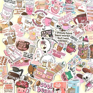May include: A collection of colorful coffee-themed stickers with various designs, including coffee cups, mugs, and phrases like "Cool Beans" and "Coffee Time." The stickers feature pink, brown, and white colors, with some illustrations of cute characters.