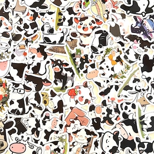 May include: A collection of numerous die-cut stickers featuring various cartoon cow illustrations. The cows are depicted in diverse poses, including sitting, standing, and interacting with items like flowers, strawberries, and milk bottles.