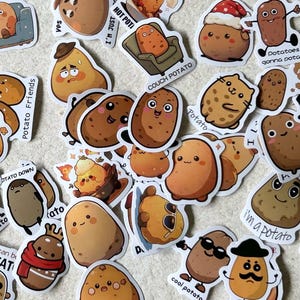 May include: A collection of colorful potato-themed stickers featuring various designs, including a couch potato, a potato king, and a potato princess. The stickers have different expressions and sayings, such as "I'm just a hot potato" and "Potato Friends".