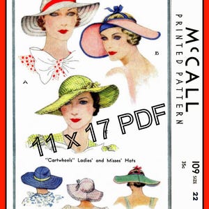 DERBY Hat Pattern "Cartwheels" Floppy Sun McCall 109 Vintage 1933 PDF 11 x 17 Craft Sewing