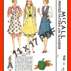 Patron de couture de tablier vintage 1942 : ajusté avec appliques McCall 958 (11 x 17 PDF)