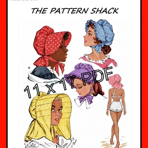 May include: A sewing pattern envelope titled THE PATTERN SHACK M1980 for one size misses and girls. The illustration shows four bonnet styles in red floral, blue gingham, purple polka dot, and yellow plaid, plus a two-piece swimsuit with a ruffled bottom.