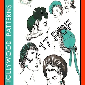 May include: Vintage Hollywood Patterns illustration featuring various hat designs. The image includes sketches of women wearing different styles of hats, with text indicating head size and pattern number. The color palette is primarily black, white, and teal.