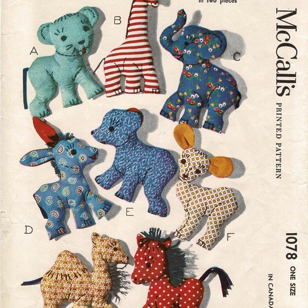 Eight Assorted Stuffed Animals Toys McCall's 1078 VTG 1943 Craft Sewing Pattern