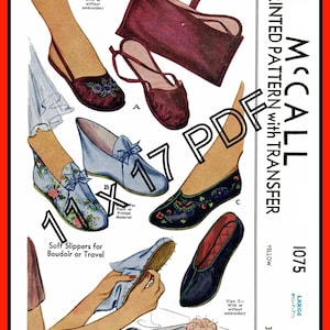 May include: Vintage McCall's pattern for soft slippers, showcasing various designs with embroidery options. The image displays several slipper styles in different colours, including blue, black, and burgundy. The pattern includes a PDF with transfer instructions.