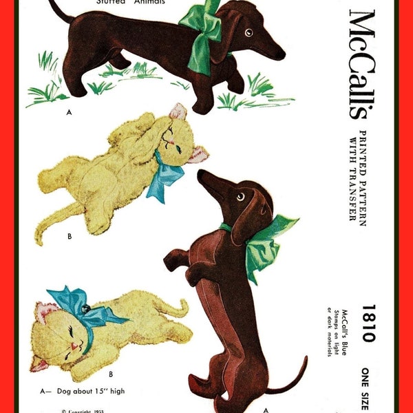 Dachshund  Dog KITTEN Stuffed Animals McCall's 1810 Vtg 1953 PDF Sewing Pattern