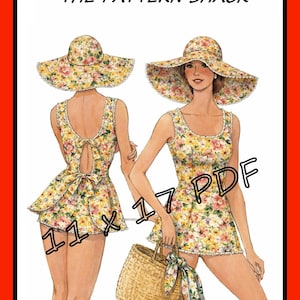 May include: Illustration of a woman in a floral print playsuit and matching sun hat. The image is labeled "THE PATTERN SHACK" and "11 X 17 PDF". The playsuit has a bow in the back and is paired with a woven tote bag.