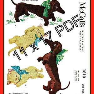 Dachshund Dog KITTEN Stuffed Animals McCall's 1810 Vtg 1953 11 x 17 PDF Sewing Pattern