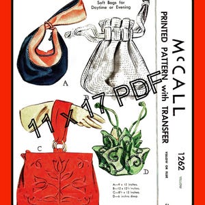 Embroidered Bag Sewing Pattern: Vintage 1946 McCall 1262 (PDF Pattern 11x17