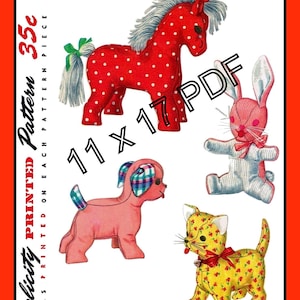 Vintage 1954 Stuffed Animals Pattern: Dog, Cat, Bunny, Pony Simplicity 4915(11x17 PDF Download)