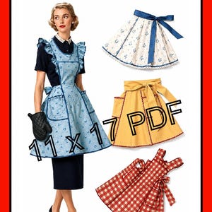 May include: A sewing pattern titled THE PATTERN SHACK S1358 Size Large 11 x 17 PDF. The image displays a blue floral apron with ruffles, a white floral apron with a blue ribbon, a solid yellow apron with red trim, and a red and white gingham apron.