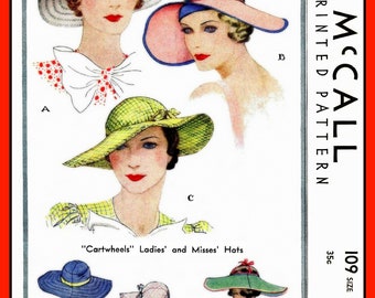 DERBY Hat "Cartwheels" Floppy Sun McCall 109 Vintage 1933 PDF Craft Sewing Pattern