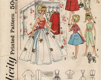 12" Doll CLOSET and Clothing Formal Dress + more Simplicity 4883 Vtg 1960's PDF Sewing Pattern